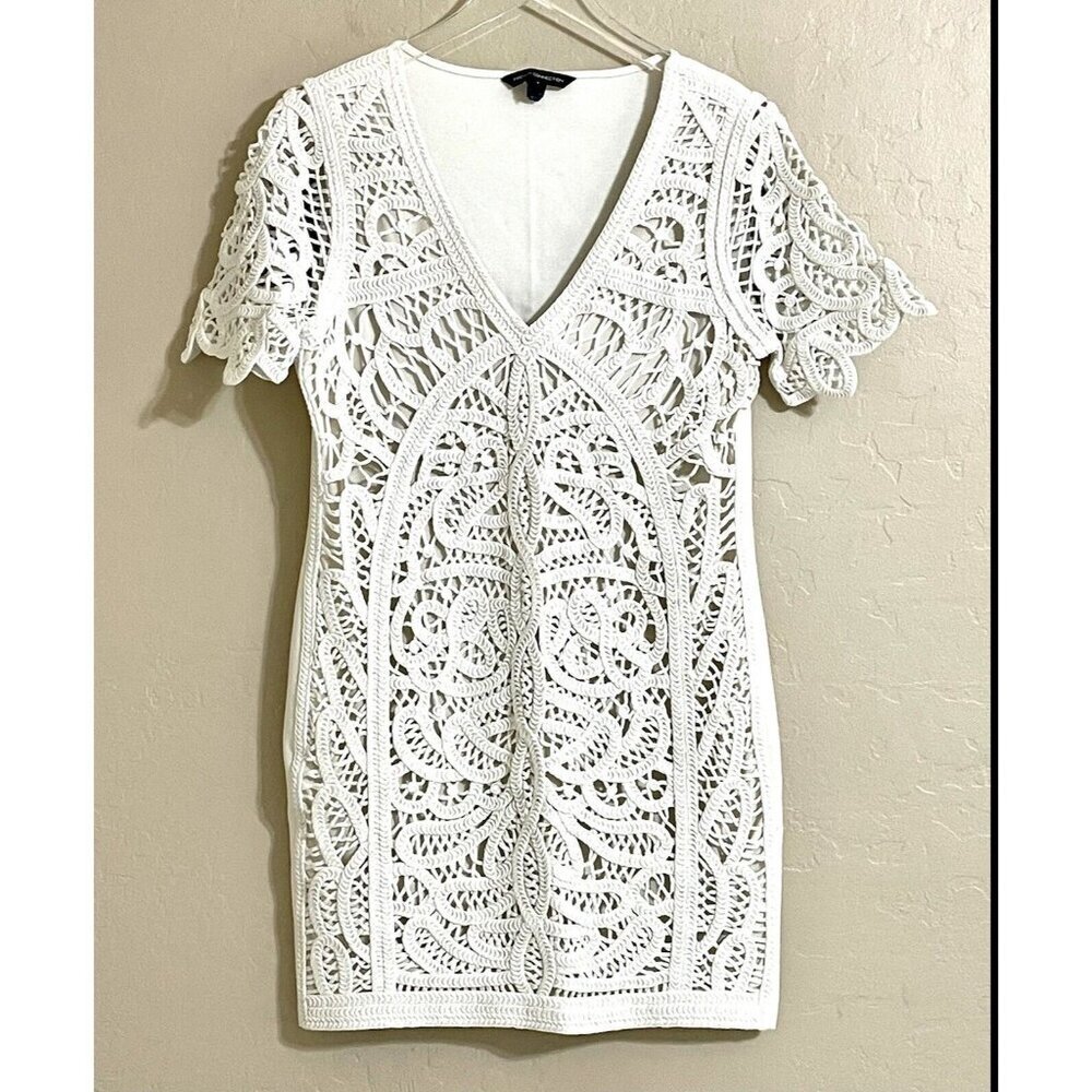 French Connection White Crochet Embroidery Mini Short Dress V Neck Sz 10 L - Picture 14 of 16